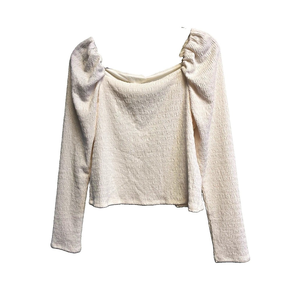 H&M Women's White Solid Textured Cropped Top Long Puff Sleeve Square Neck M